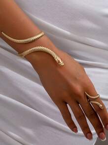 2pcs Fashionable Geometric Snake Wrap Open Bangle And Ring Set For Women, Party Accessories Gift