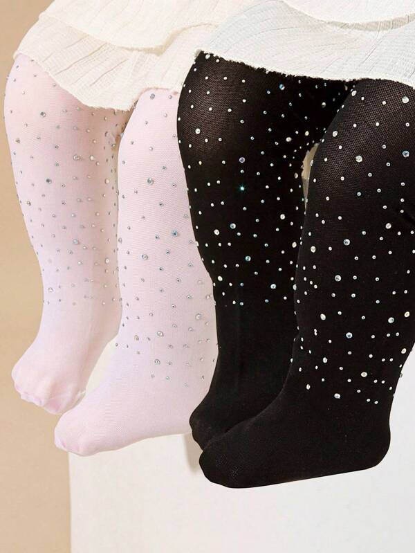 2 pares/conjunto Meia-calça preta e branca vazada decorada com strass para bebê menina, fina para o verão