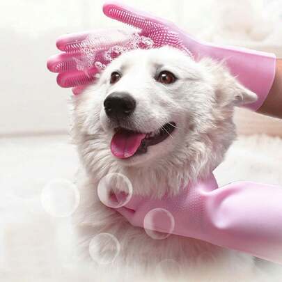 1set Blue Pet Bathing Gloves, Silicone Dog Cat Brush Shower Massage Scrubber Pet Bathing Accessories