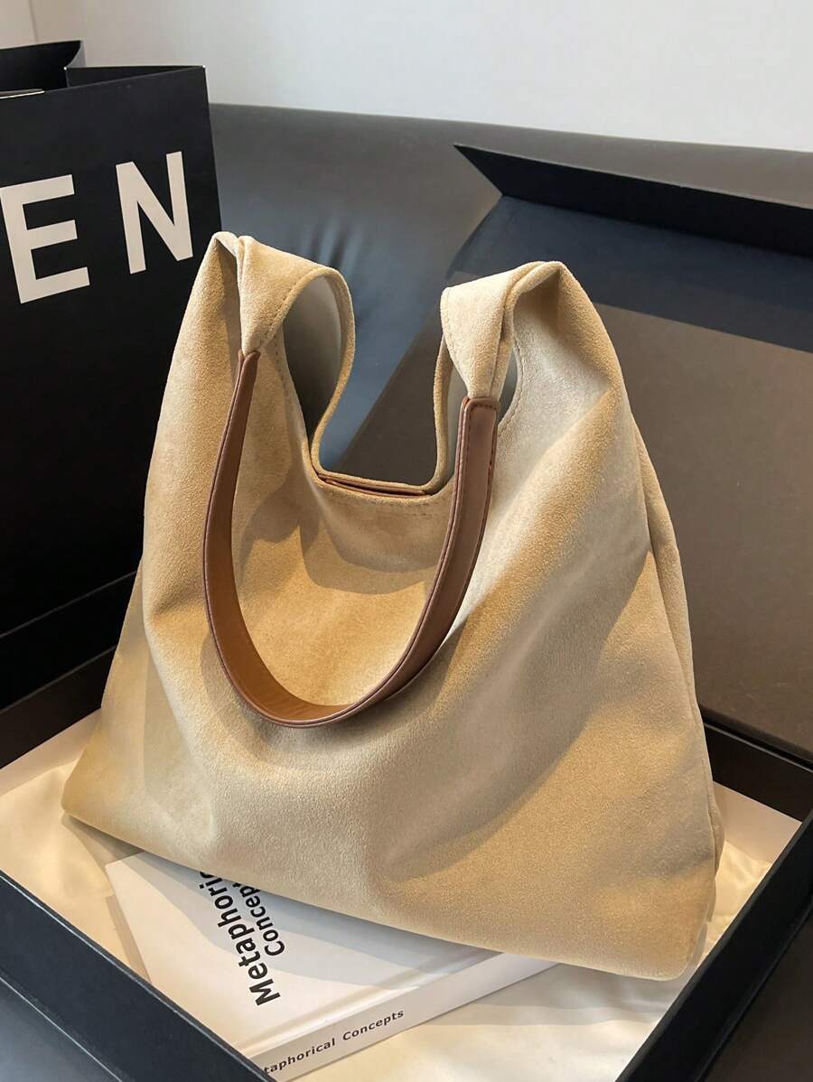2 Pieces Suede Tote Bag Set With Coin Pouch, Casual Large Capacity Shoulder Bag, Color Block Handbag For Women, Versatile Daily Commute Tote - Beige - View 1