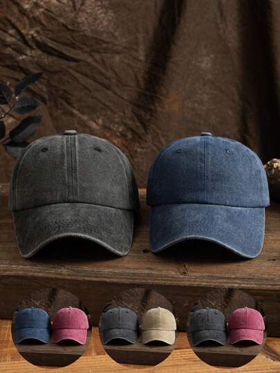 2 件男女通用户外休闲时尚可调节纯色复古棒球帽，适合日常佩戴