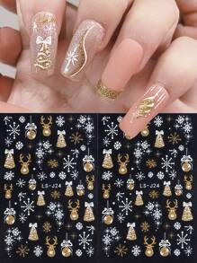 2 Sheets 3D Reflective Nail Stickers Gold Glitter Snowflakes Christmas Decoration Lanterns Sliders Snow Tree Decals Stripe Lines