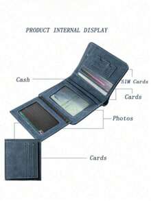 1个男士哑光皮革三折钱包，复古竖款钱包，带卡槽，男士必备礼物 - 藍色 - 查看 3