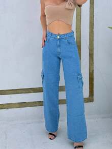 Women's Cargo Jeans Medium Wash/Delicate/Blue Fashion Style - Rửa trung bình - Xem 3