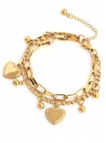 1 件时尚欧式双层心形吊坠链手链女士情人节款 - 金色 - 查看 9