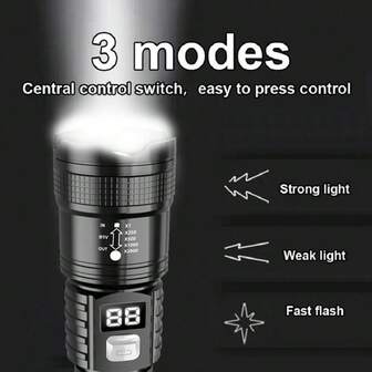 KENSUN 1 件装大功率远射程 LED 手电筒战术灯 LCD 电量显示 USB 可充电灯伸缩变焦手电筒野营灯