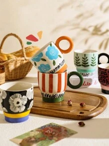 CMYD Studio 1 件 300ml 原创手绘陶瓷杯，创意家用/办公室咖啡杯，精美茶杯，情侣水杯返校 - 彩色 - 查看 6