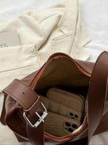 Túi Tote trơn Preppy dành cho nữ - Túi đeo vai đi làm bằng da PU có sức chứa lớn, có dây đeo vai có thể điều chỉnh, lớp lót bằng polyester - Phụ kiện thời trang đa năng cổ điển - màu đen - Xem 6
