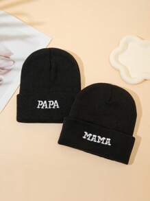 2pcs Papa & Mama Solid Color Knit Beanies, Autumn And Winter - 2pcs - View 7