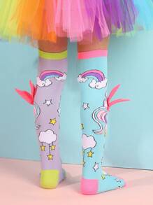 1 paar schattige paarse AB Unicorn kniekousen geschikt voor de dagelijkse outfits en cadeaus van meisjes