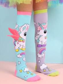 1 paar schattige paarse AB Unicorn kniekousen geschikt voor de dagelijkse outfits en cadeaus van meisjes