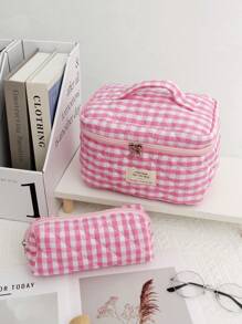 1 Piece Pink Plaid Women Makeup Bag Gingham Toiletry Pouch Travel Zipper Cosmetic Bag Storage Pouch Checkered Pattern Large Capacity Make Up Organizer Travel Skincare Makeup Storage Bag With Handle Multifunctional Storage Bag Portable Toiletries Travel Storage Bag, Handheld Bag, Minimalist Jewelry Storage Bag, Cosmetic Zipper Storage Bag Perfect For Outdoor Travel Girls Decoration Bag Cute Handbag Wallet Pouch Case Portable Cosmetics Brush Storage Clutch With Zipper Closure For Brush, Skincare, Mobile Phone, Coin, Small Items Storage Makeup Organizer Makeup Case Makeup Bags - Pink - View 15