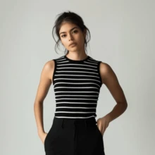 Black And White American Ribbed Striped Tank Top - 黑色 - 查看 1