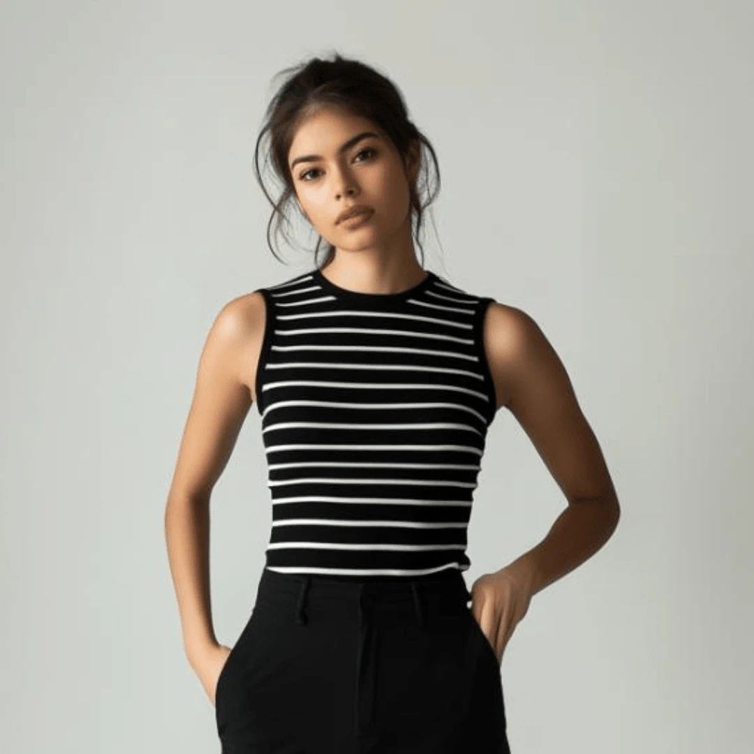 Black And White American Ribbed Striped Tank Top - 黑色 - 查看 1