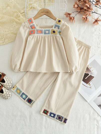Young Girls Beige Puff Sleeve Colorful Sunflower Embroidered Top + Pants Set