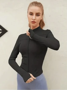 Lynfun Plus Size Women's Fashion Commuter Zip-Up Sports Jacket - Solid Color Stretchy Comfortable Yoga Jacket With Thumb Holes - Long Sleeve Fitness Workout Jacket, Suitable For Gym, Yoga And Outdoor Adventure, Minimalist Stylish Sexy Fitted Long Sleeve Yoga Jacket