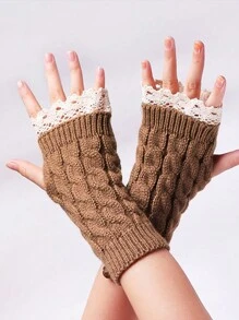 1pair Fabric Hollow Floral Lace Twist Fingerless Knitted Gloves For Women Valentine's Day Valentines