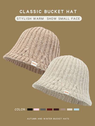 1pc Autumn Winter Women Wool Knitted Hat With Double Fabric Labels, Letter & Dog Pattern Design, Warm Thermal Lined Bucket Hat With Vertical Stripes