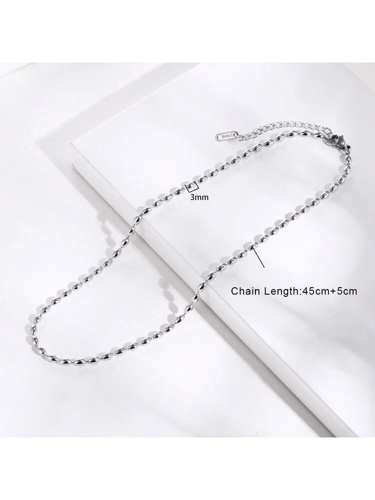 1pc Stainless Steel Women's Minimalist & Fashionable Olive Shaped Beaded Chain Necklace, Collarbone Chain