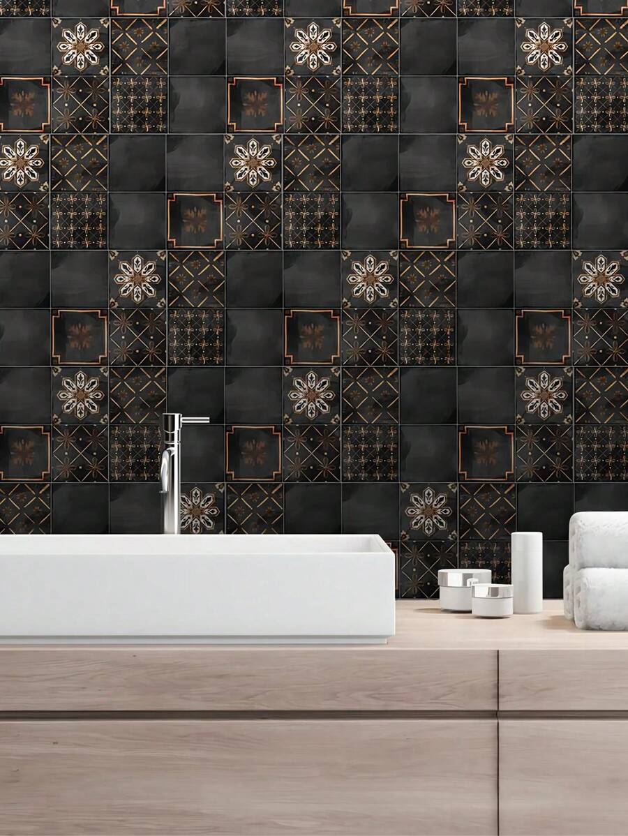adesivo de azulejo com 7/21 Peça padrão retrô preto, decalque de azulejo à prova d\"água e óleo para banheiro, cozinha, papel de parede de vinil, arte de parede e decoração domiciliar