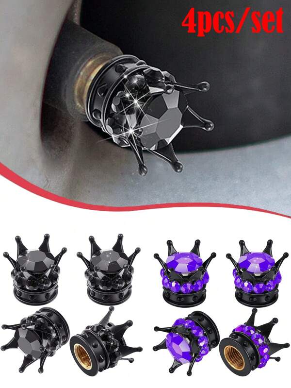 4 pièces/set Capuchon de valve de pneu de voiture en diamant couronne, capuchon de valve de voiture, moto, vélo, pièces automobiles décoratives