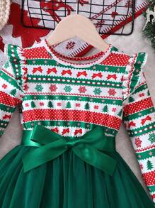 Vestido de malla con estampado de elementos lindos para niñas, otoño/invierno - Multicolor - Ver 4