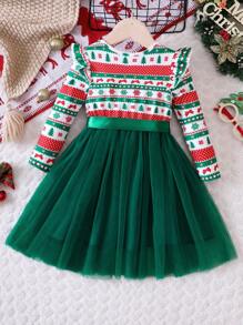 Vestido de malla con estampado de elementos lindos para niñas, otoño/invierno - Multicolor - Ver 3