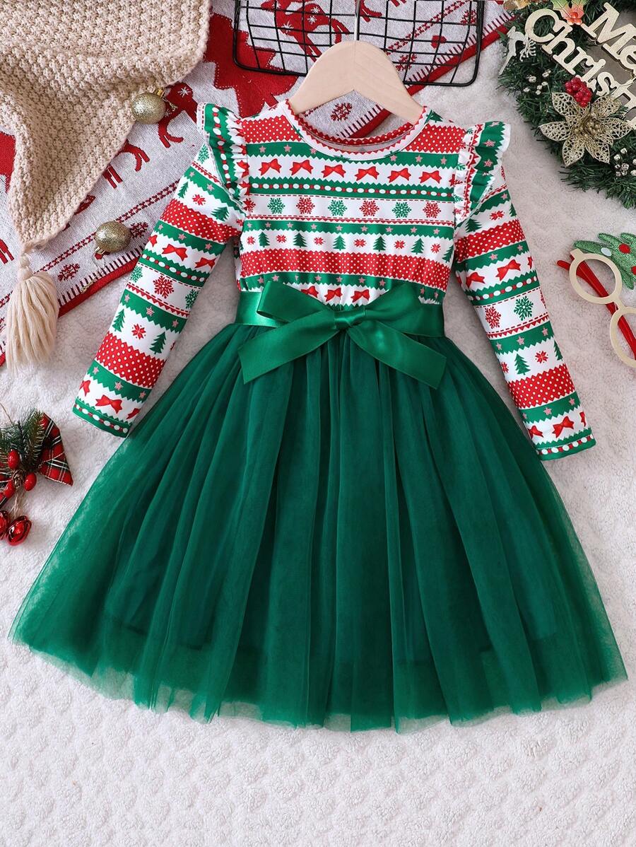Vestido de malla con estampado de elementos lindos para niñas, otoño/invierno - Multicolor - Ver 1