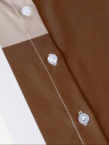 Vestido de mujer de manga larga con botones y cuello de solapa, estampado aleatorio - Marrón - Ver 6