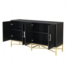Four-Door Sideboard With Metal And Cross-Leg Design, Modern Storage Cabinet For Living Room, Entryway, And Study - 黑色 - 查看 8