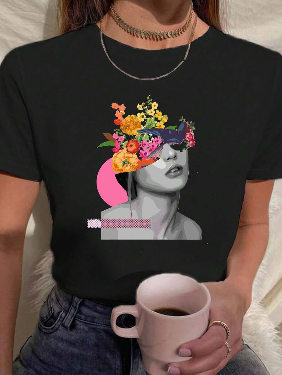 Women's Baby Look T-Shirt 100% Cotton Abstract Woman Statue Flowers Head Art - 黑色 - 查看 1