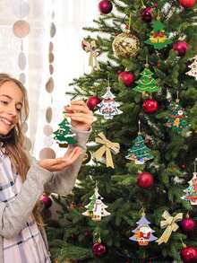 10 chiếc - Đồ thủ công tự làm cây thông Noel, Đồ trang trí treo hình cây thông Noel bằng gỗ chưa hoàn thiện có lỗ, Thẻ quà tặng, Thu hoạch, Lễ Tạ ơn, Trang trí tiệc Giáng sinh, Giáng sinh - kaki - Xem 4