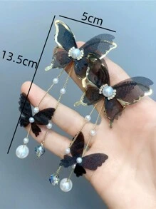 蝴蝶與仿珍珠垂墜耳環 - 白色 - 查看 6