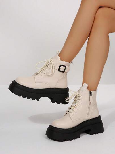 2024 New Spring/Autumn British Style Women Boots Thick Sole Side Zipper Lace-Up