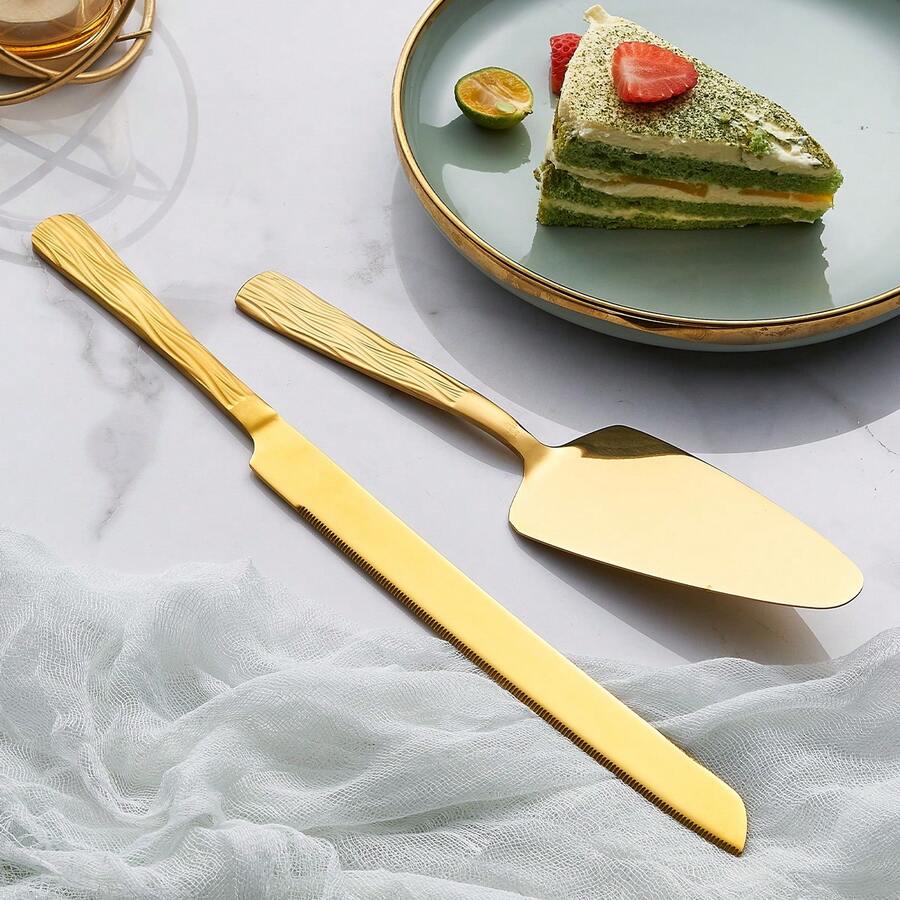 Conjunto Dourado de Cortador de Bolo e Torta, Utensílios de Corte de