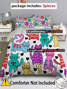 3 Stücke süßes Cartoon Katze Bettwäsche Set, weich und gemütlich für Schlafzimmer und Gästezimmer - beinhaltet 1 Bettbezug und 2 Kissenbezüge (ohne Füllung) - Verschiedenfarbig - Übersicht 2