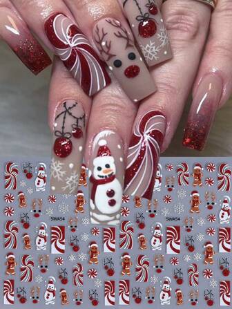 2ST 3D rött glitter jul nagelkonst klistermärke Snowflake Älg Pepparkakor Man Godis Vinter Dekal 3D DIY Slider Nyår Manikyr Nail Art Dekoration
