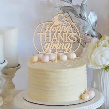 Happy Thanksgiving Cake Topper In Wood Thanksgiving Party Pumpkin Cake Decoration - Wood - View 2