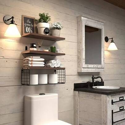 1 set Estantería flotante de madera de pino maciza rústica con cesta para papel higiénico, organizador de baño montado en la pared
