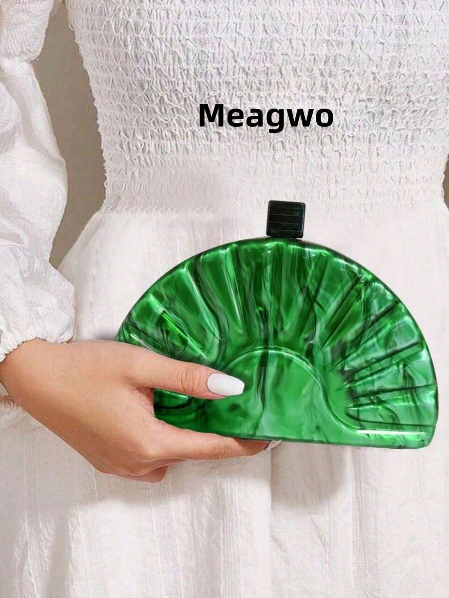 Túi xách dạ hội Acrylic hình quạt thời trang mới cho nữ, Túi cầm tay hình bán nguyệt phong cách Châu Âu và Mỹ cho đám cưới, tiệc tùng, Túi vuông mini thời trang - màu xanh lá - Xem 1