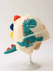 1pc Thick Double Layer Soft & Absorbent Knit Dinosaur Earflap Hat, Suitable For Children Outdoor, Walking, Playing, Skiing And Skating