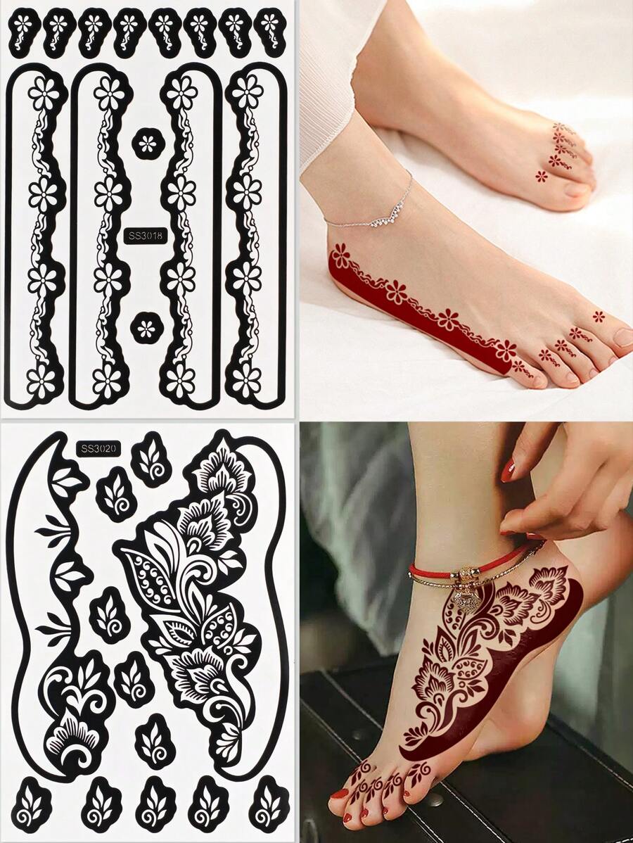 ملصقات قالب وشم قابلة لإعادة الاستخدام 2 ورقة، قوالب وشم مؤقت ملون للرسومات المرسومة على القدم لفن الجسم والمهرجان وتزيين الجسم والحناء