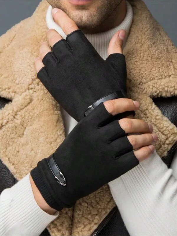 1 par de luvas de lã para homens, luvas de meio dedo para outono e inverno, quentes para ciclismo, corrida