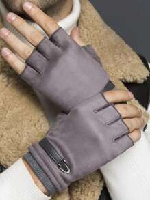 1 Pair Suede Fleece Gloves For Men, Half Finger Autumn Winter Warm Cycling Riding Running Gloves