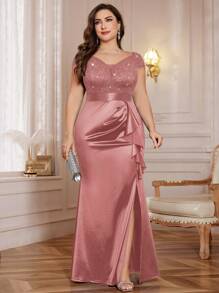Plus Size V-Neck Contrast Color Lace Sequin Patchwork Ruffle Hem Satin Evening Dress, Suitable For Wedding Guest, Prom, Valentine's Day, Birthday, Homecoming, Graduation, Holiday Occasions Elegant - Dusty Pink - View 3