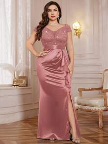 Plus Size V-Neck Contrast Color Lace Sequin Patchwork Ruffle Hem Satin Evening Dress, Suitable For Wedding Guest, Prom, Valentine's Day, Birthday, Homecoming, Graduation, Holiday Occasions Elegant - Dusty Pink - View 4