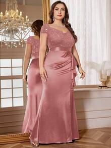 Plus Size V-Neck Contrast Color Lace Sequin Patchwork Ruffle Hem Satin Evening Dress, Suitable For Wedding Guest, Prom, Valentine's Day, Birthday, Homecoming, Graduation, Holiday Occasions Elegant - Dusty Pink - View 6