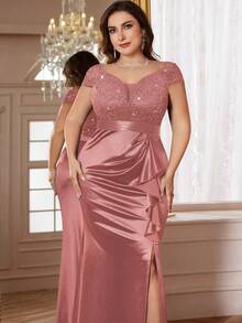 Plus Size V-Neck Contrast Color Lace Sequin Patchwork Ruffle Hem Satin Evening Dress, Suitable For Wedding Guest, Prom, Valentine's Day, Birthday, Homecoming, Graduation, Holiday Occasions Elegant - Dusty Pink - View 7