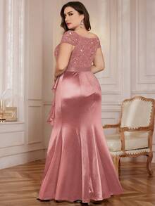 Plus Size V-Neck Contrast Color Lace Sequin Patchwork Ruffle Hem Satin Evening Dress, Suitable For Wedding Guest, Prom, Valentine's Day, Birthday, Homecoming, Graduation, Holiday Occasions Elegant - Dusty Pink - View 2