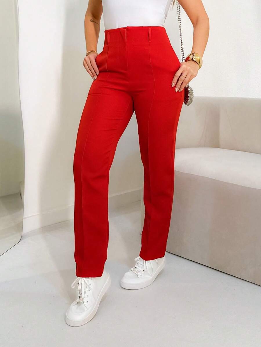 FASHION MO FEMININE - 3283 Tailored Pants, High Waist, With Side Pockets, Straight Leg, Elegant, Formal, Modern, Blogger, Vibrant Colors National Shipping New Collection - 紅色 - 查看 1